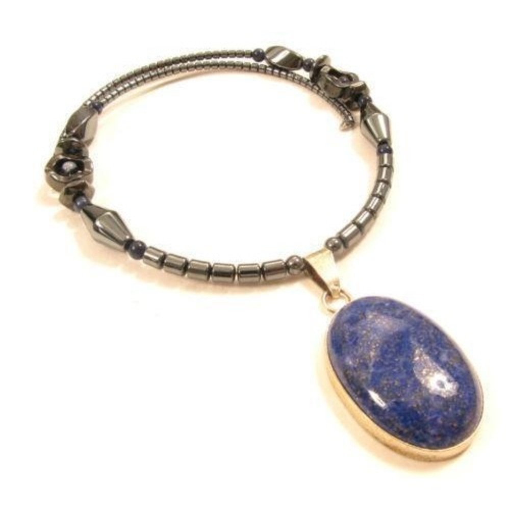 Vintage Hematite Beaded Silver Plated‎ Blue Gemstone Choker Necklace*15.25